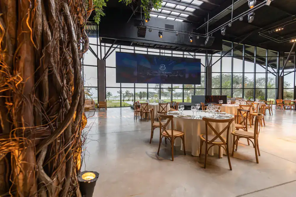 Large formal dinner setting for a company gala