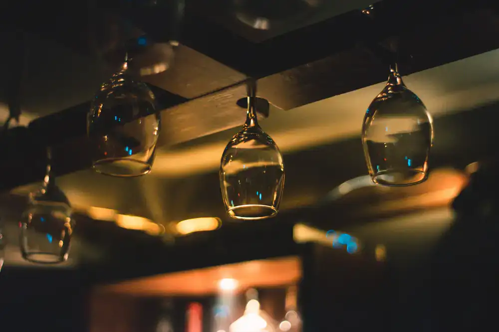 Wine glasses catching the light